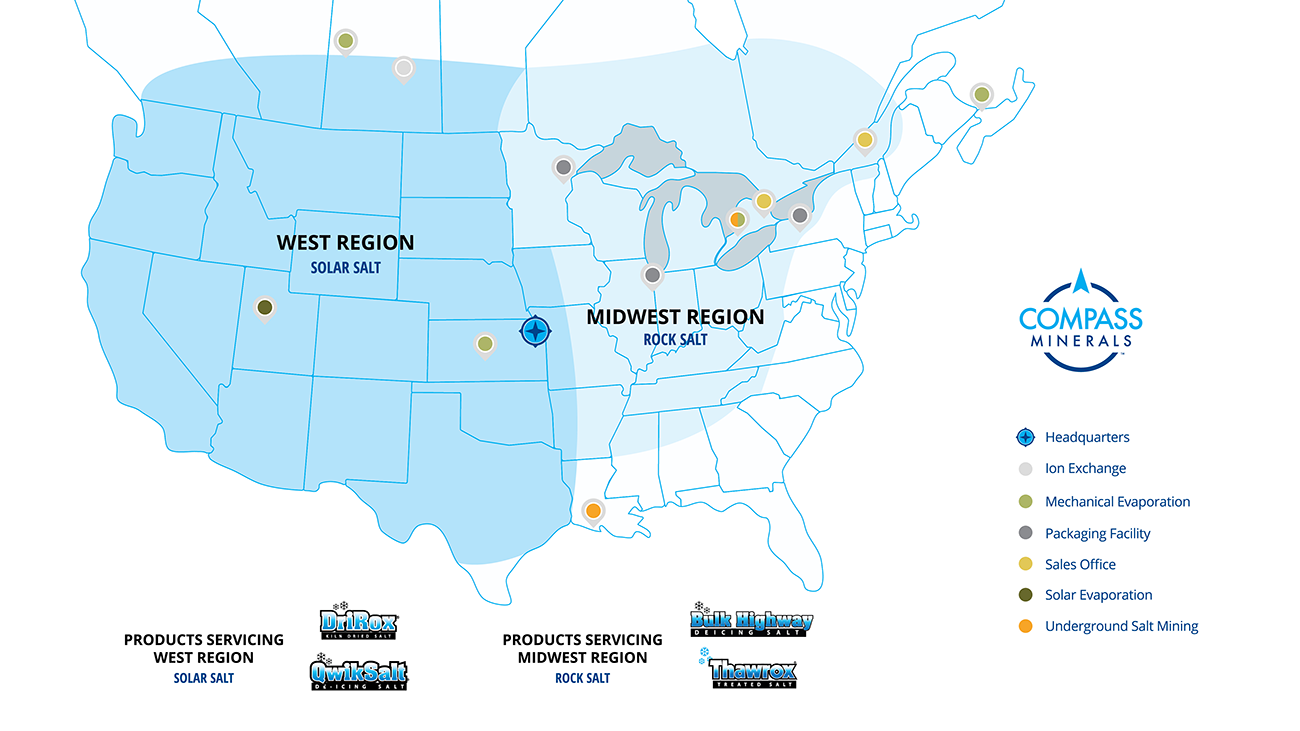 A U.S. map of the Bulk Highway product availability and Compass Minerals mines and plants