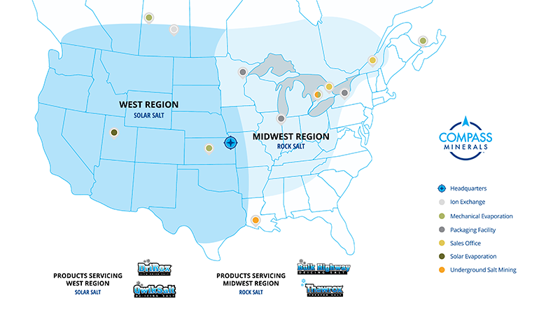 A U.S. map of the Bulk Highway product availability and Compass Minerals mines and plants